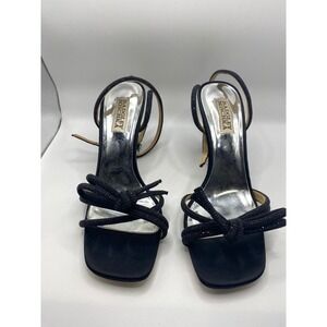Badgley Mischka Black Glitter Bow Square Toe Ankle Strap Stiletto Heels Size 7.5